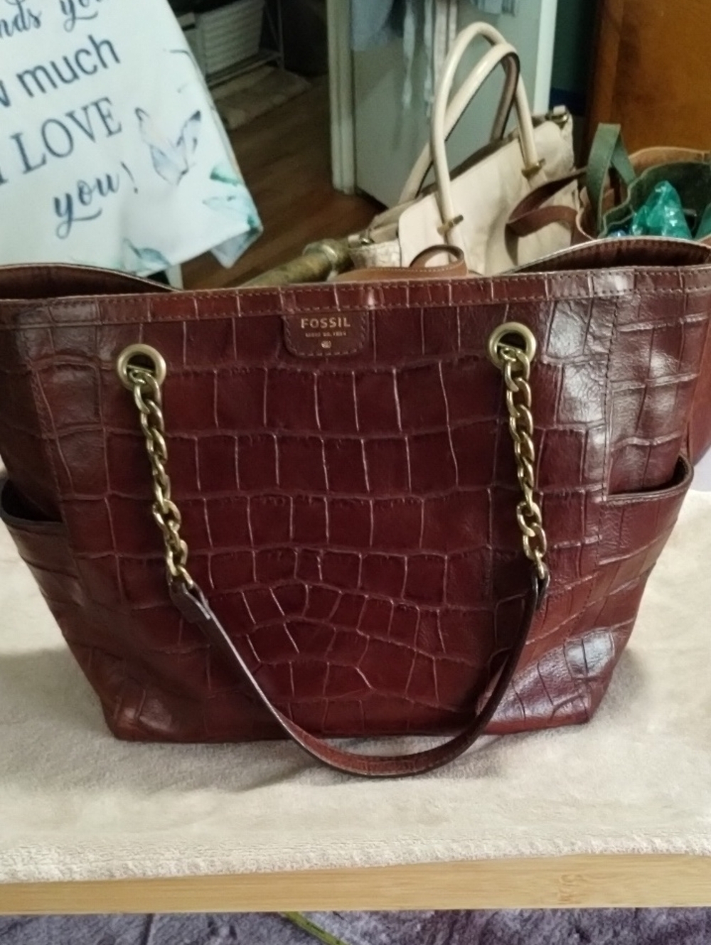 Fossil Croc-Embossed Leather Tote in Dark Brown with Gold Chain Handles